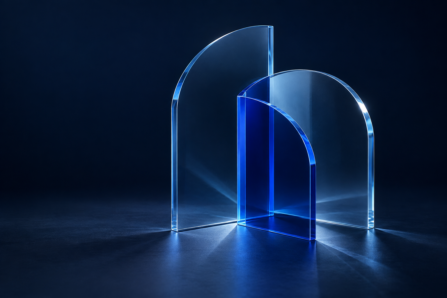 Composition architecturale en verre bleu, évocation de liens entre les professions